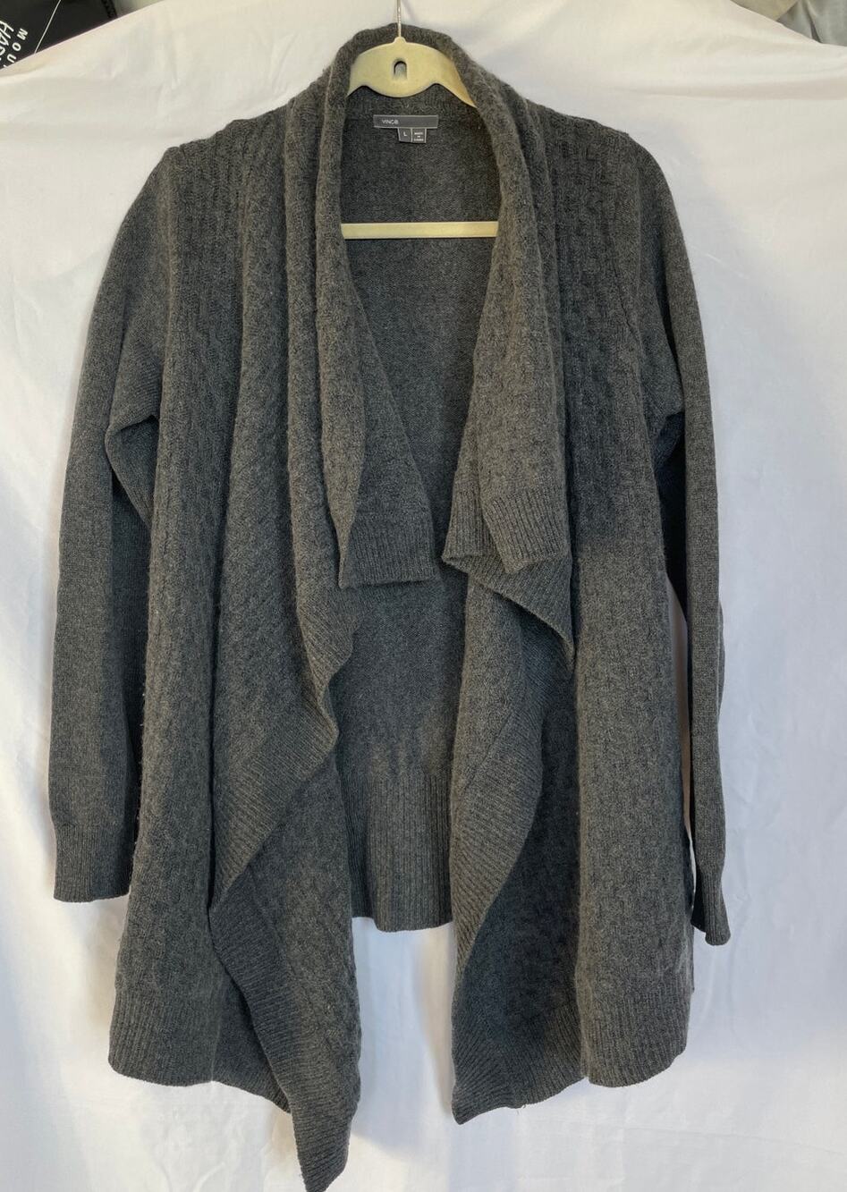 Vince Gray Wool Cashmere Blend Open Drape Front Cardigan Sweater, Large